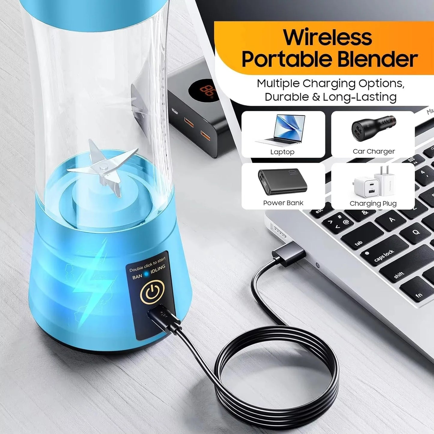 Cordless Portable Personal Size Blender - Mini Blender Make Smoothies and Shakes 380Ml BPA Free Travel Cup for Office/Home/Gym